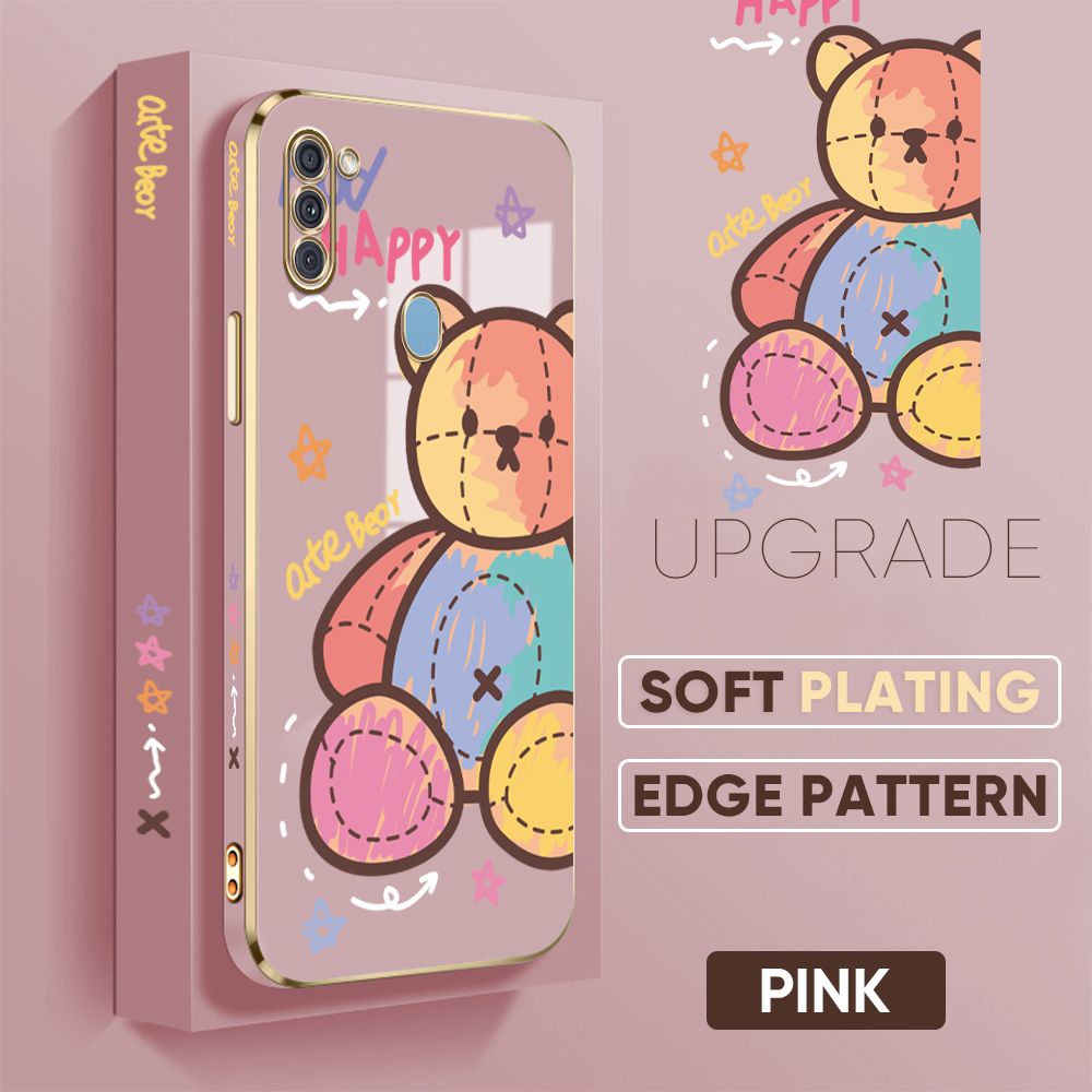 TA for Samsung Galaxy A11 M11 Back Cover + Free Lanyard Color Doll Bear Luxury 6D Plating Case Side Pattern Soft Silicone Square Phone Cases