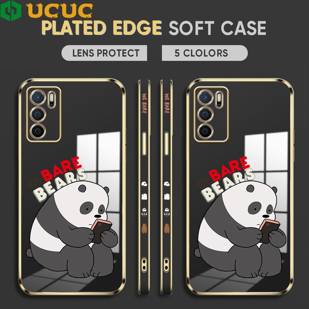 UCUC for OPPO A16 Cover Panda Reading Luxury 6D Plating Soft Casing Silicone Square Frame Phone Case Shiny Bling Back Cover + Free Lanyard