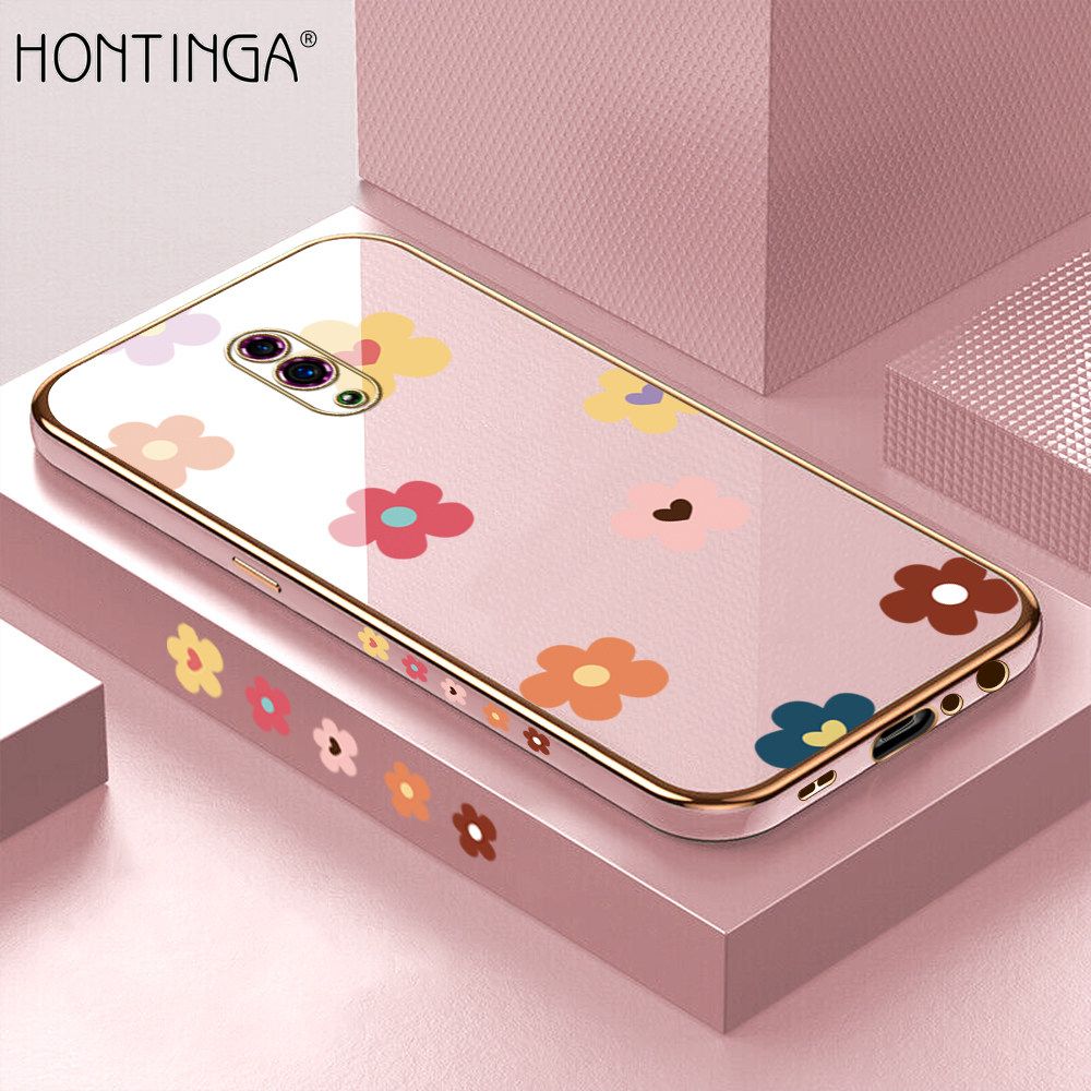 Hontinga for OPPO Reno Back Cover + Free Lanyard Luxury 6D Plating Falling Flower Side Pattern Case Soft Silicone Square Mobile Cover
