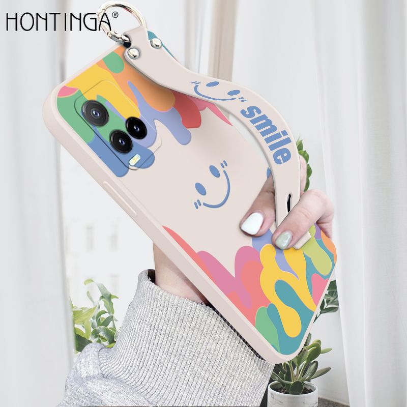 Hontinga for Vivo Y21 2021 Wrist Strap Case Soft Candy Color Splash Ink Cover Trend Square Printed Pattern Liquid Silicone Phone Case