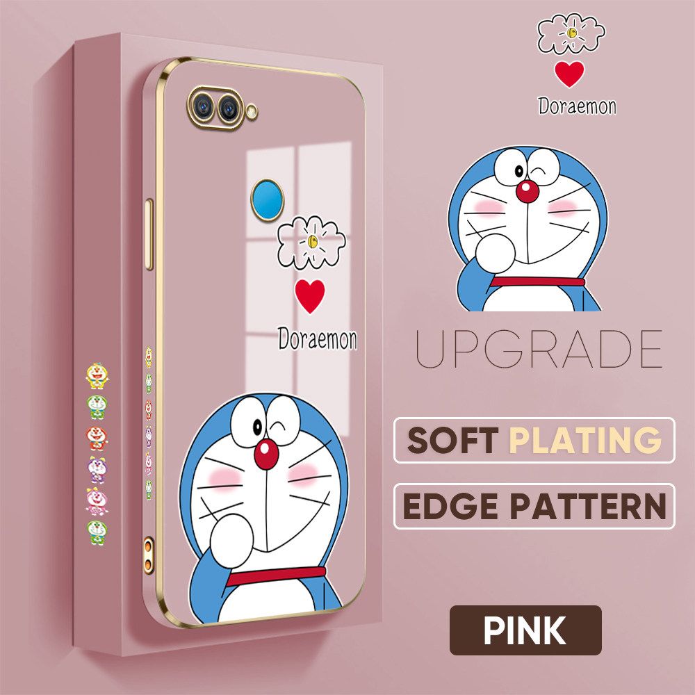 TA for OPPO A5S / A7 / A12 / A12S Back Cover + Free Lanyard Sneak Doraemon Luxury 6D Plating Case Side Pattern Soft Silicone Square Phone Cases