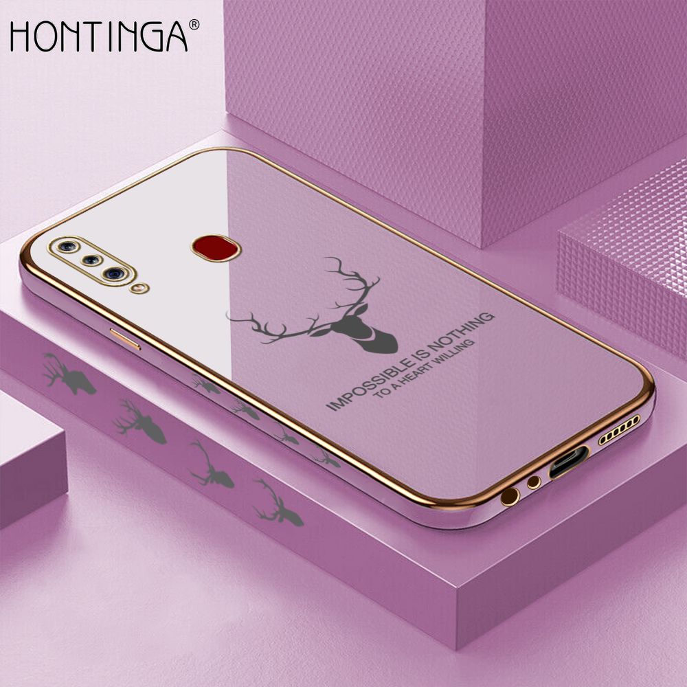 Hontinga for Samsung A20S Back Cover + Free Lanyard Luxury 6D Plating Cartoon Lucky Side Pattern Case Soft Silicone Square Phone Cases