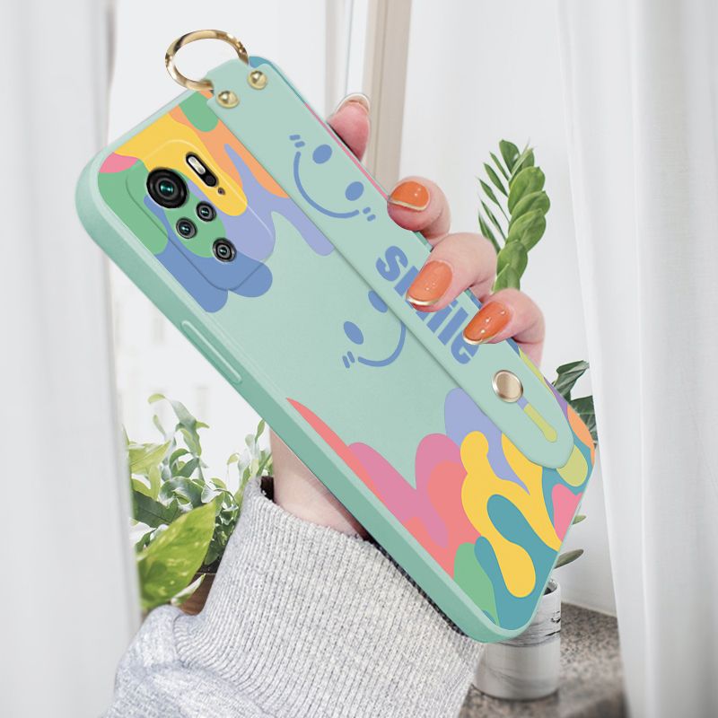 Jizetin for Redmi Note 10 4G / Redmi Note 10S Wrist Strap Case Soft Candy Color Splash Ink Cover Ultra Thin Anti Fall Liquid Silicone Phone Case
