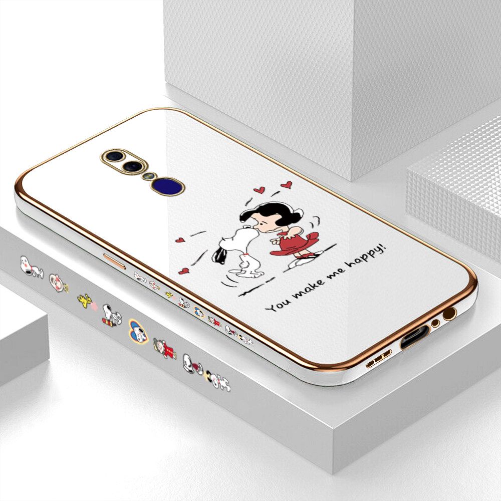 Luxury 6D Plating Case for OPPO F11 Happy Cartoon Puppy Side Pattern Back Cover Soft Silicone Square Frame Shiny Bling Phone Cases + Free Lanyard