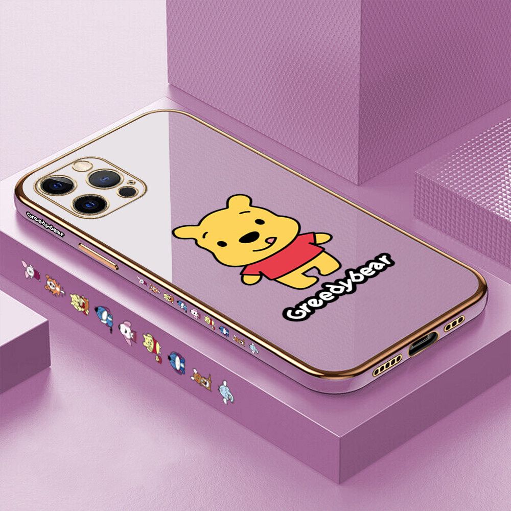Luxury 6D Plating Case for iPhone 12 Pro Squirming Little Sweet Bear Side Pattern Back Cover Soft Silicone Square Frame Shiny Bling Phone Cases + Free Lanyard