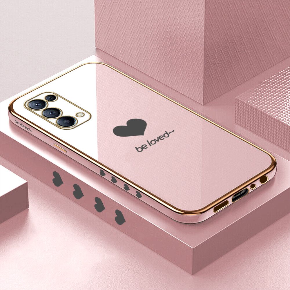 Luxury 6D Plating Soft Casing Silicone Square Frame Phone Case For OPPO Reno5 5G Case Shiny Bling Back Cover Lover Heart Square Edge Pattern Design Soft Case + Free Lanyard