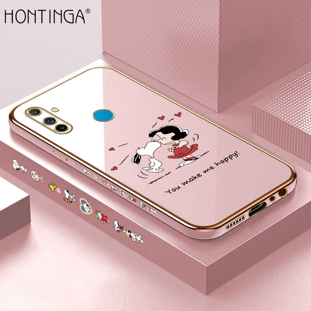 Hontinga for Realme C3 Back Cover + Free Lanyard Luxury 6D Plating Happy Puppy and Girl Side Pattern Case Soft Silicone Square Mobile Cover