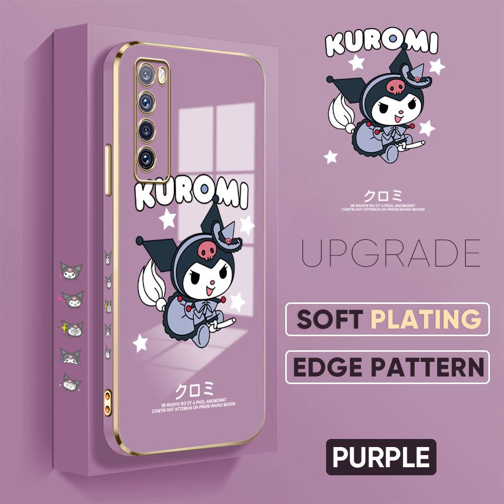 Jizetin (Free Lanyard) Huawei Nova 7 Luxury 6D Plating Soft Casing Silicone Square Frame Phone Case Shiny Bling Back Cover Cute Cartoon Anime Characters New design Side Drawing Case