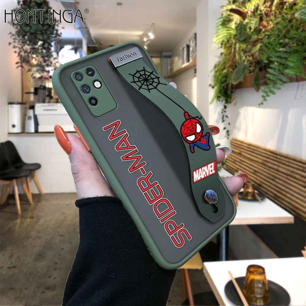 Hontinga for Infinix Note 10 Back Cover With Wristband Cartoon Spiderman Phone Casee Full Lens Protection Thin Frosted Cases