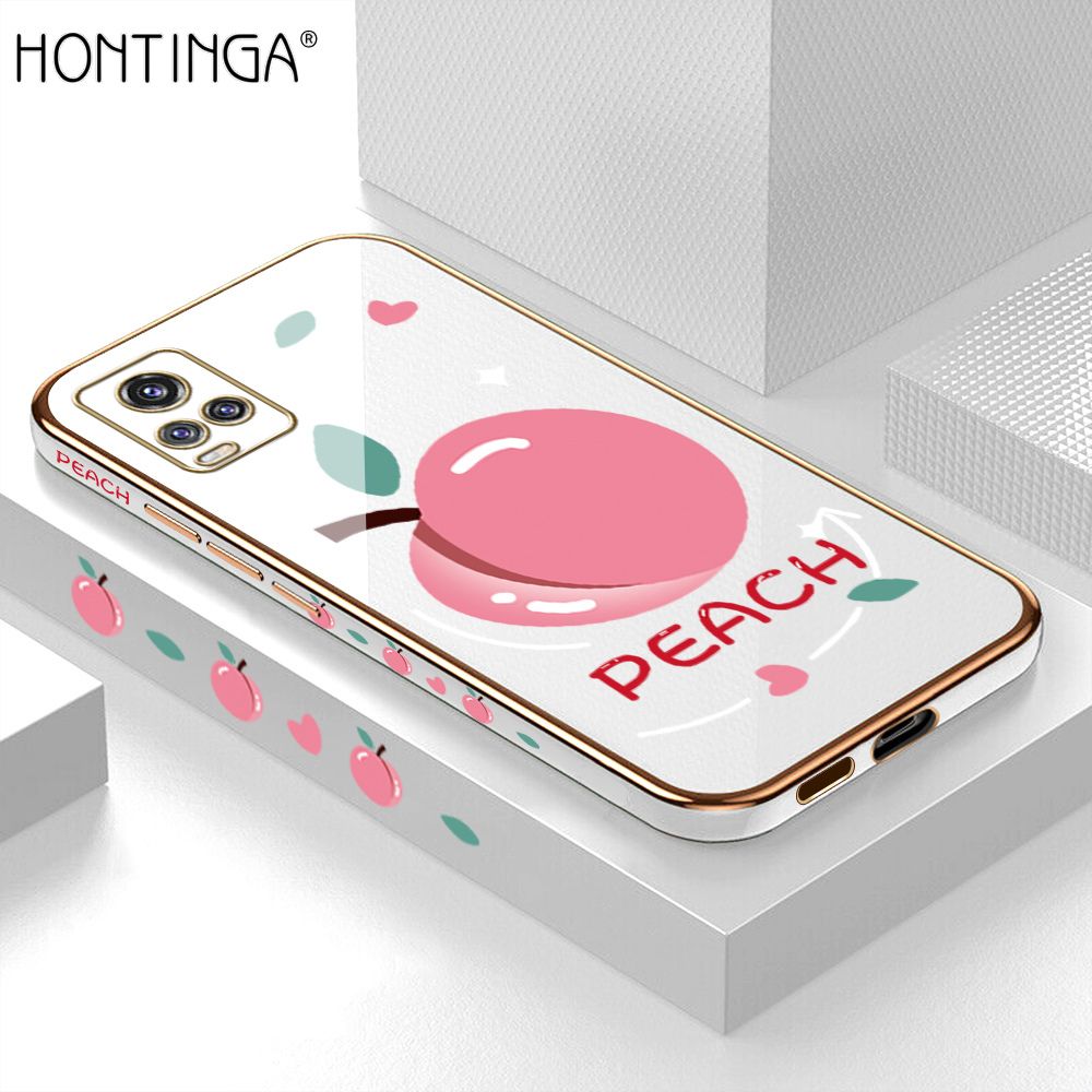 Hontinga for Vivo V20 Pro Case Luxury 6D Plating Soft Casing Silicone Square Frame Phone Cover Shiny Bling Side Print Cartoon Simple Peach Cases