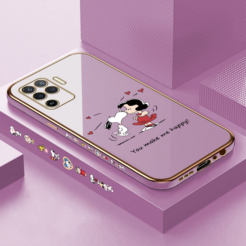 Luxury 6D Plating Case for OPPO F19 Pro A94 Cartoon Happy Puppy Side Pattern Back Cover Soft Silicone Square Phone Cases + Free Lanyard