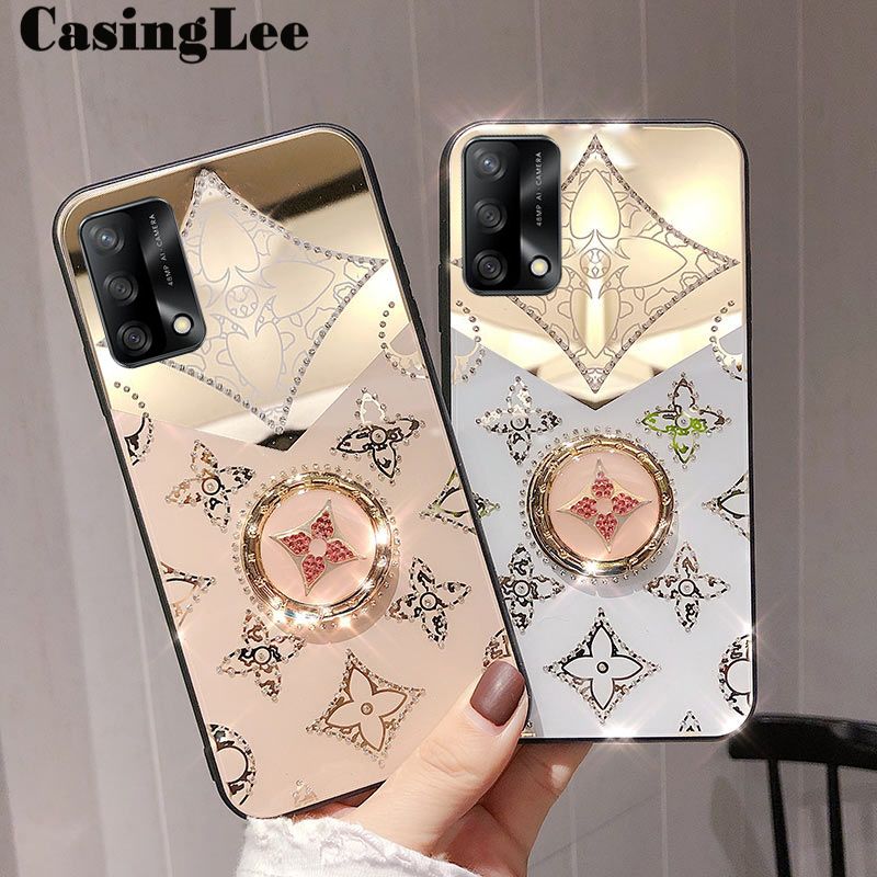 CasingLee For OPPO A95 4G case Navigation Magnetic Ring Holder Luxury Diamond clover Mirror Back Cover OPPO A95 4G Phone cases cover Luxury with Lanyard For girls and Boys