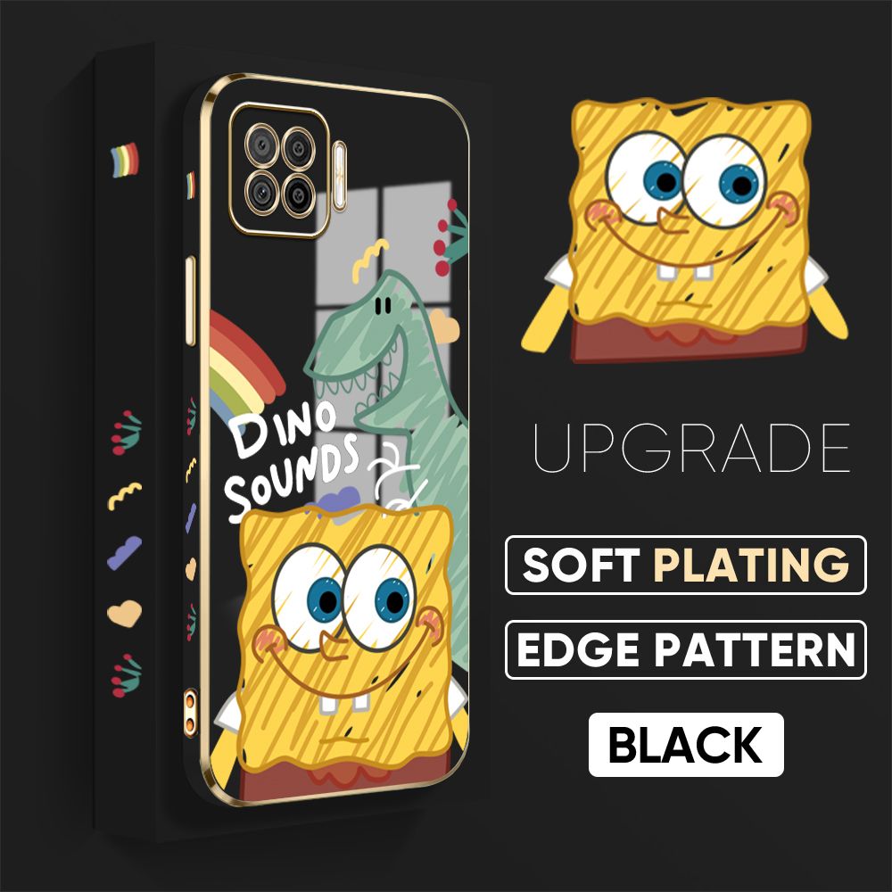 TA for OPPO F17 A73 2020 Back Cover + Free Lanyard Sponge Dinosaur Luxury 6D Plating Case Side Pattern Soft Silicone Square Phone Cases