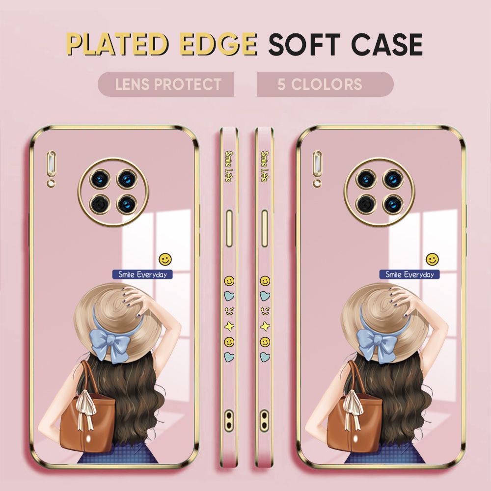 Luxury 6D Plating Case for Huawei Mate 30 Back Cover Cartoon Hat Girl Side Print Soft Silicone Square Phone Cases