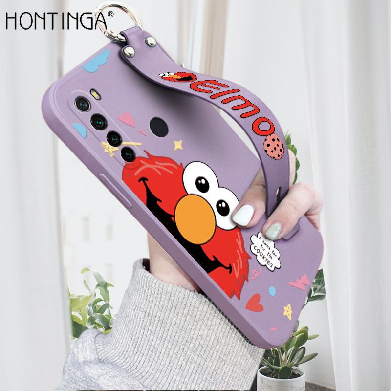 Hontinga for Xiaomi Redmi Note 8 Wrist Strap Case Cute Cute Cartoon Little Monster Phone Cover Square Edge Liquid Silicone Case Full Cover Camera Shockproof Protective Cases