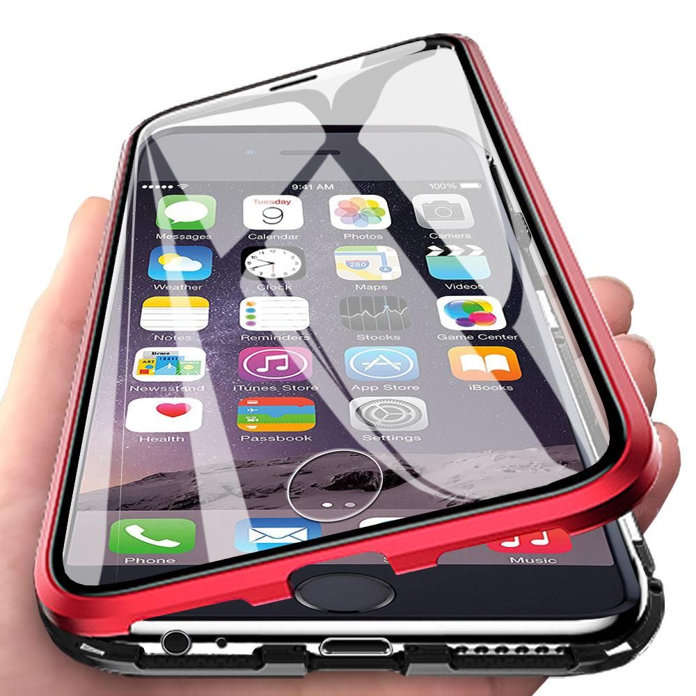 For Apple iPhone 6 Plus Casing 360° Full Body Transparent Tempered Glass with Magnetic Adsorption Metal Bumper Case Cover