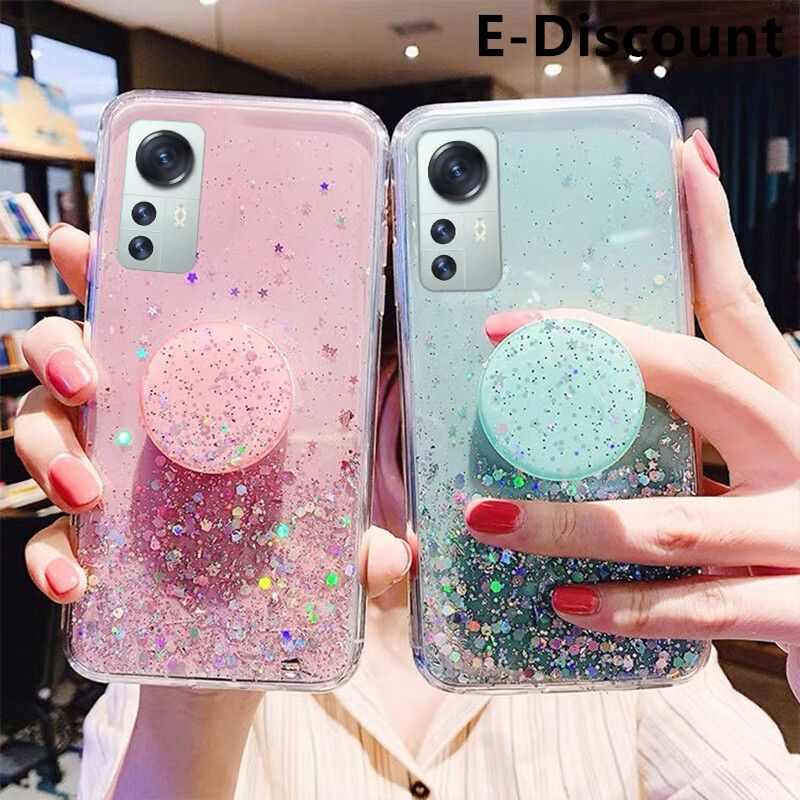 For Xiaomi 12X Case Shiny Ring Glitter Soft Transparent Holder Stand Case with String Glitter Space Stars Moon Xiaomi Mi 12X Back Cover