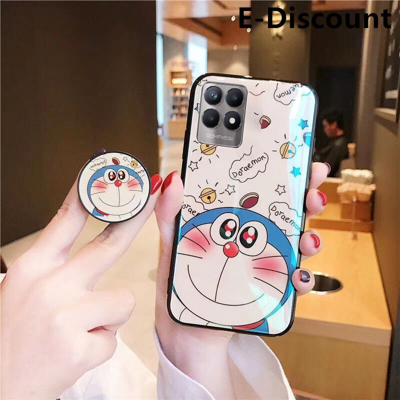 For Realme Narzo 50 Case Cute 3D Cartoon Blue Light Happy Doraemon Soft Couple Cases Stand Holder for Realme Narzo50 Back Cover