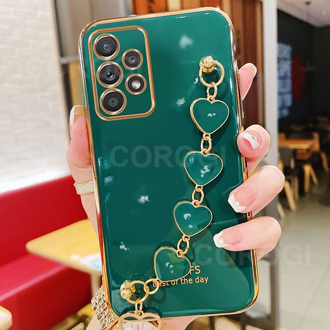 For Samsung Galaxy A73 5G Cover + Love Heart Bracelet Fashion Shiny Wrist Chain Plating Bumper Slim Phone Case Soft TPU Silicone Shockproof Protective Back Cover