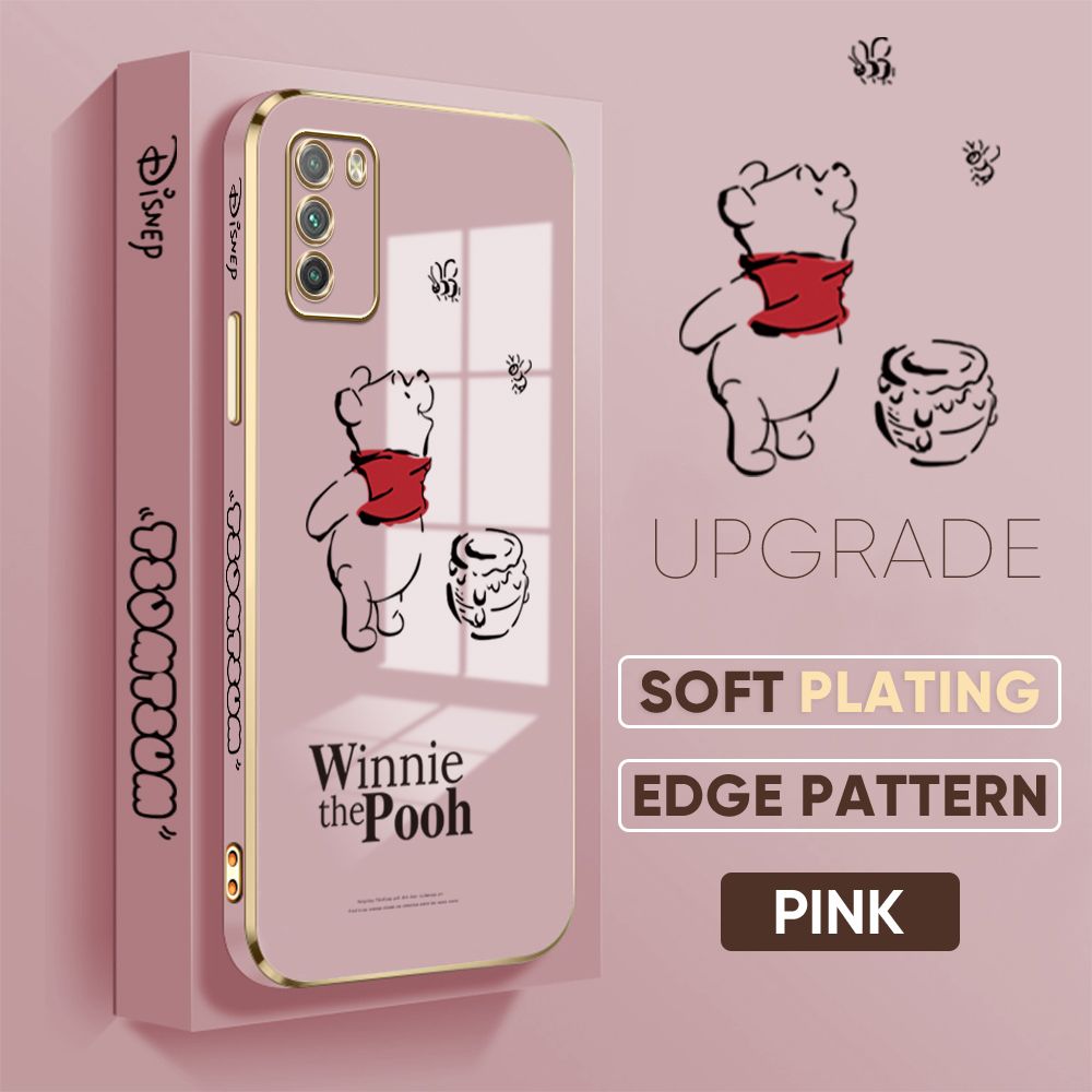 Jizetin (Free Lanyard) Xiaomi Poco M3 Back Cover Honeypot Pooh Luxury 6D Plating Case Side Pattern Soft Silicone Square Mobile Phone Cases