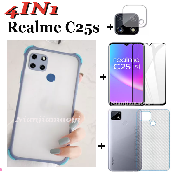 (4IN1) Oppo Realme C25S C25 Shockproof Camera Lens Protection Box Hard Phone Case Frosted Back Cover + Hard Film + Back Film + Lens Film