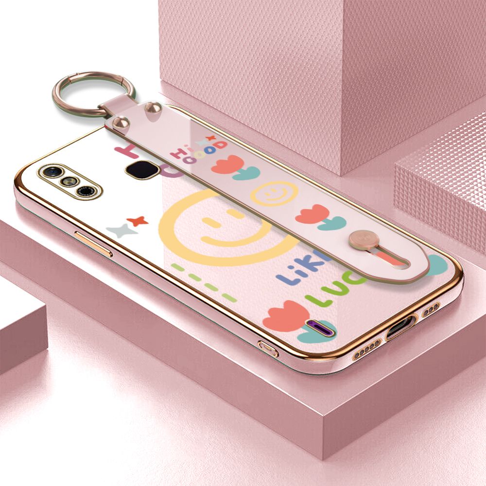 ZeroQiQi for Infinix Smart 4 / Smart 4C Wrist Strap Back Cover Flower Smiley Fashion Luxury 6D Plating Soft Casing Silicone Square Frame Phone Case
