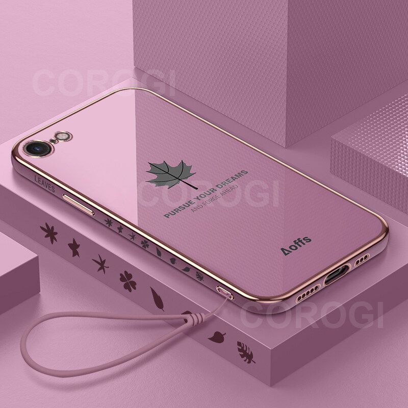 For iPhone SE 2022 Back Cover + Wrist Strap Fashion Shiny Maple leaf Plating Square Bumper Phone Case Soft TPU Silicone Shockproof Protective Cover
