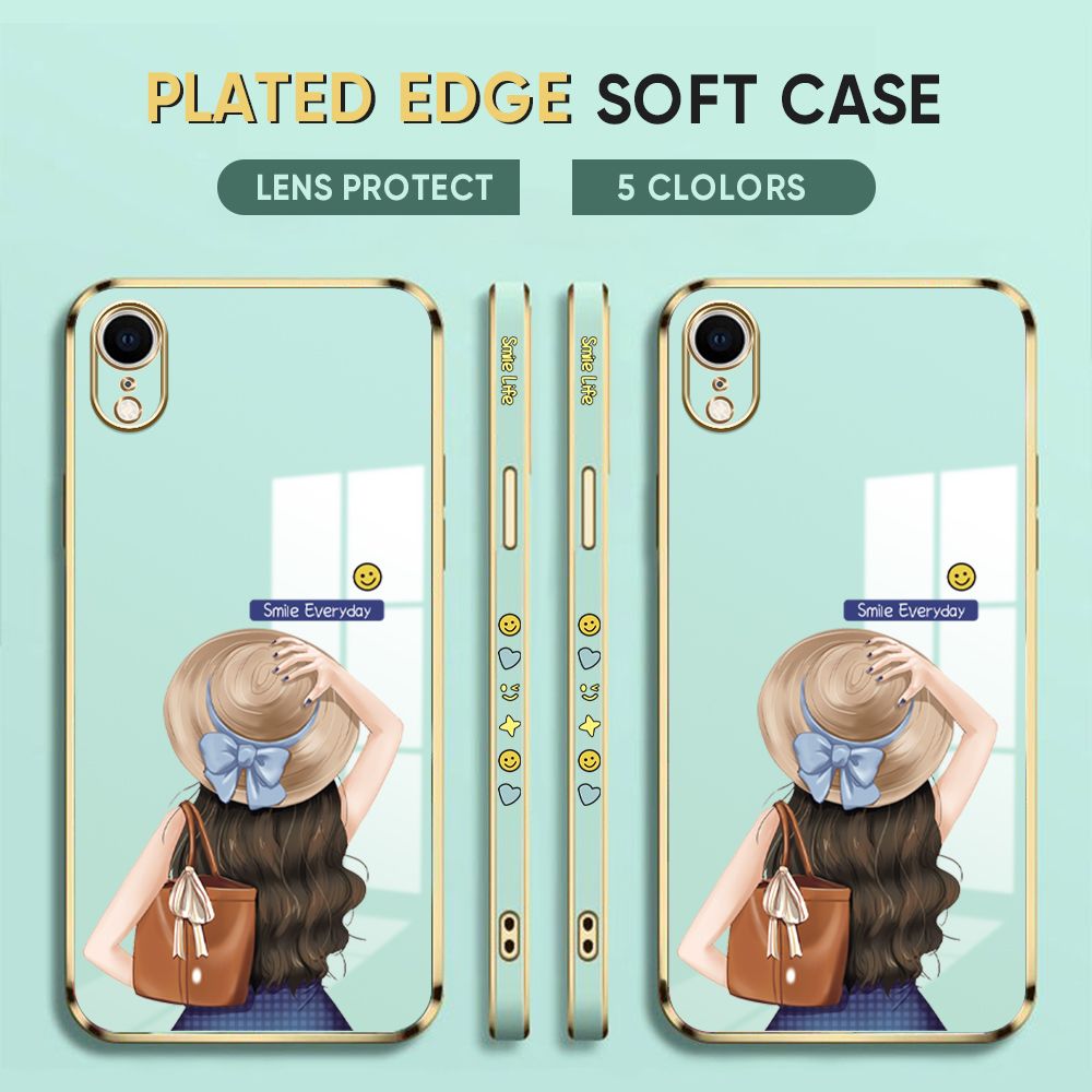 Luxury 6D Plating Case for iPhone XR Back Cover Cartoon Hat Girl Side Print Soft Silicone Square Phone Cases