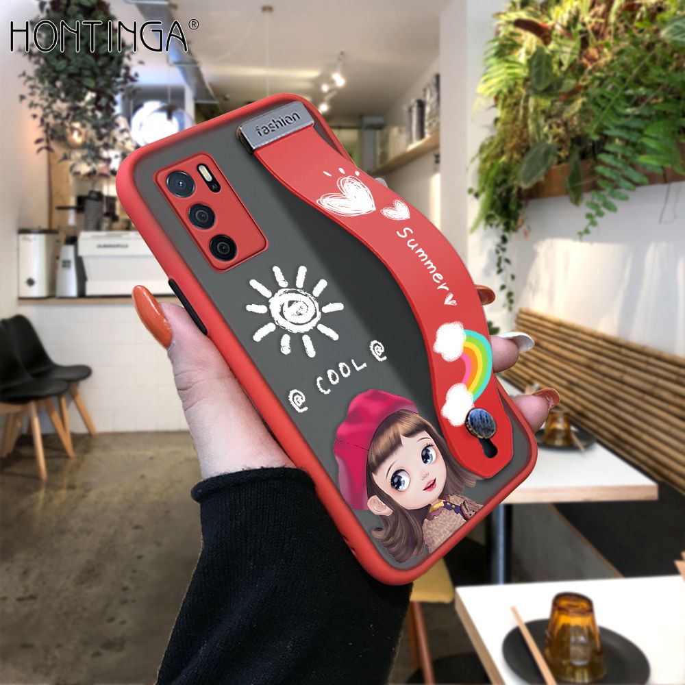 Hontinga for OPPO A16 Back Cover With Wristband Cute Red Hood Girl Phone Casee Full Lens Protection Thin Frosted Cases