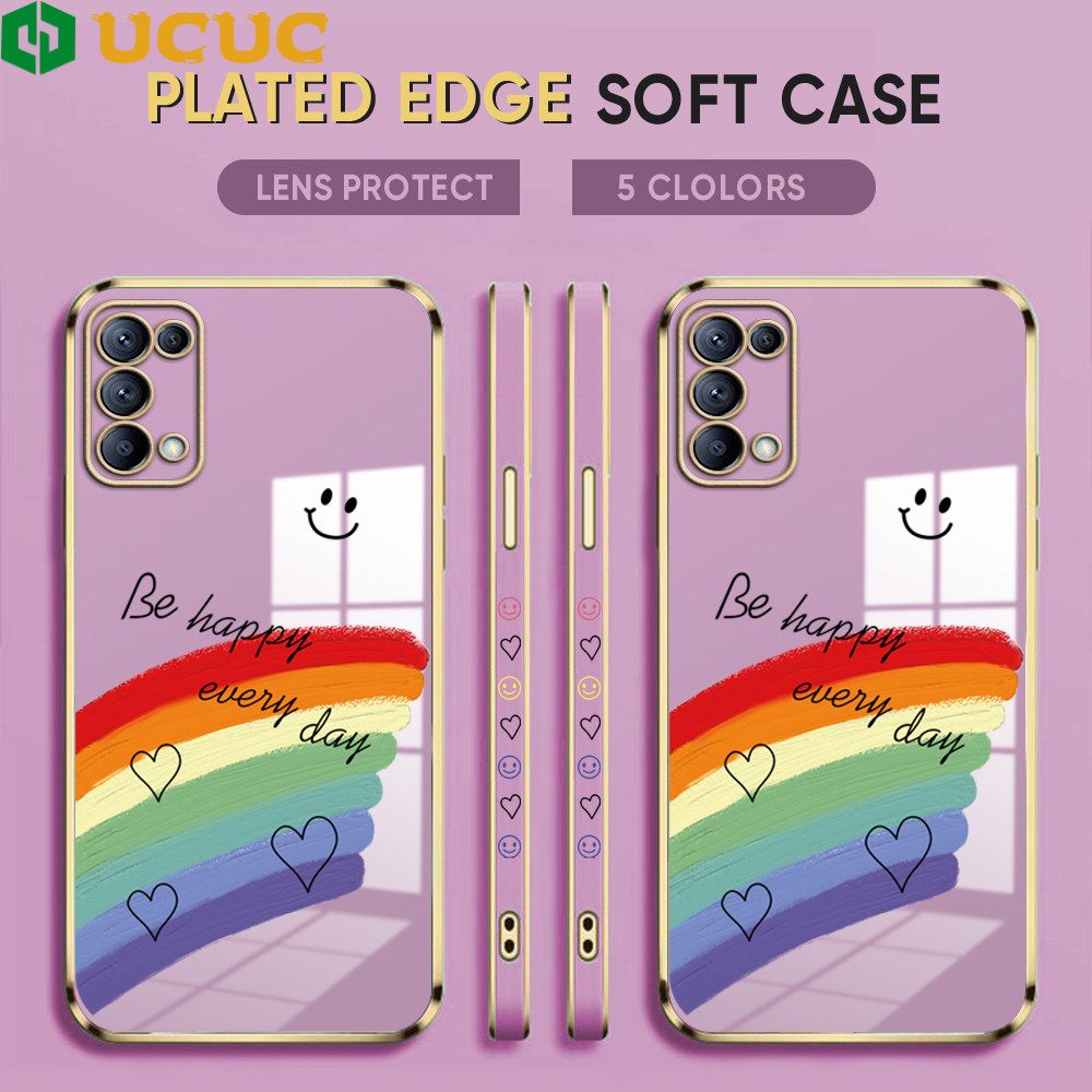 UCUC for OPPO Reno5 4G / 5G Back Cover + Free Lanyard Rainbow Doodle Luxury 6D Plating Case Side Pattern Soft Silicone Square Phone Cases