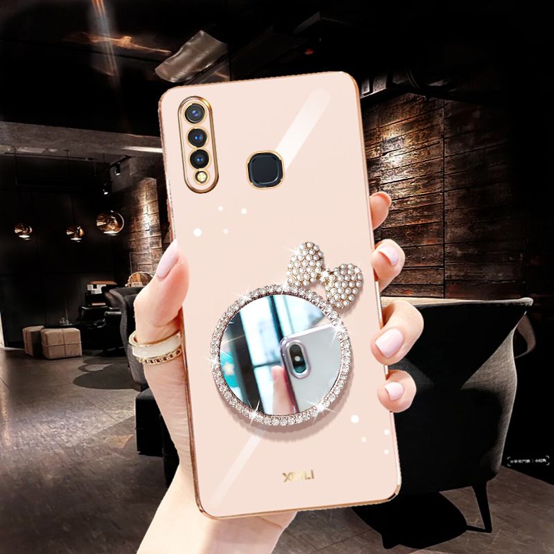 For Vivo Y19 Back Cover + Bowknot Makeup Mirror Fashion Shiny Plating Square Bumper Bling Girls Phone Case Soft TPU Silicone Shockproof Back Cover