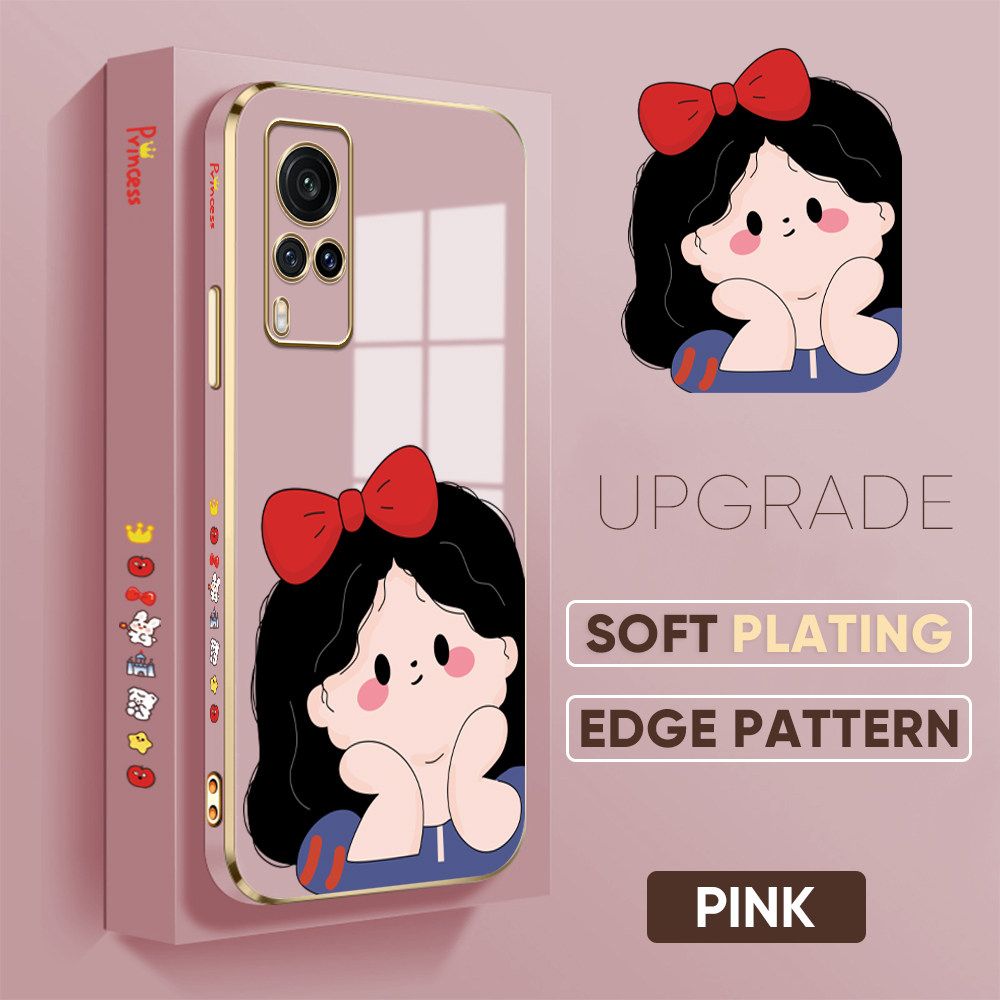Jizetin (Free Lanyard) Vivo X60 Luxury 6D Plating Soft Casing Silicone Square Frame Phone Case Shiny Bling Back Cover Cartoon Cute Girl New design Side Drawing Case