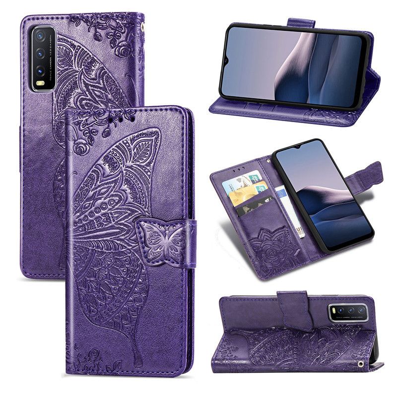 For Vivo Y20s【G】Case, Luxury Butterfly Embossing Design Magnetic Flip Folio PU Leather Wallet Purse Card Holders Case Stand with Hand Strap Shockproof Phone Casing for Vivo Y20s G