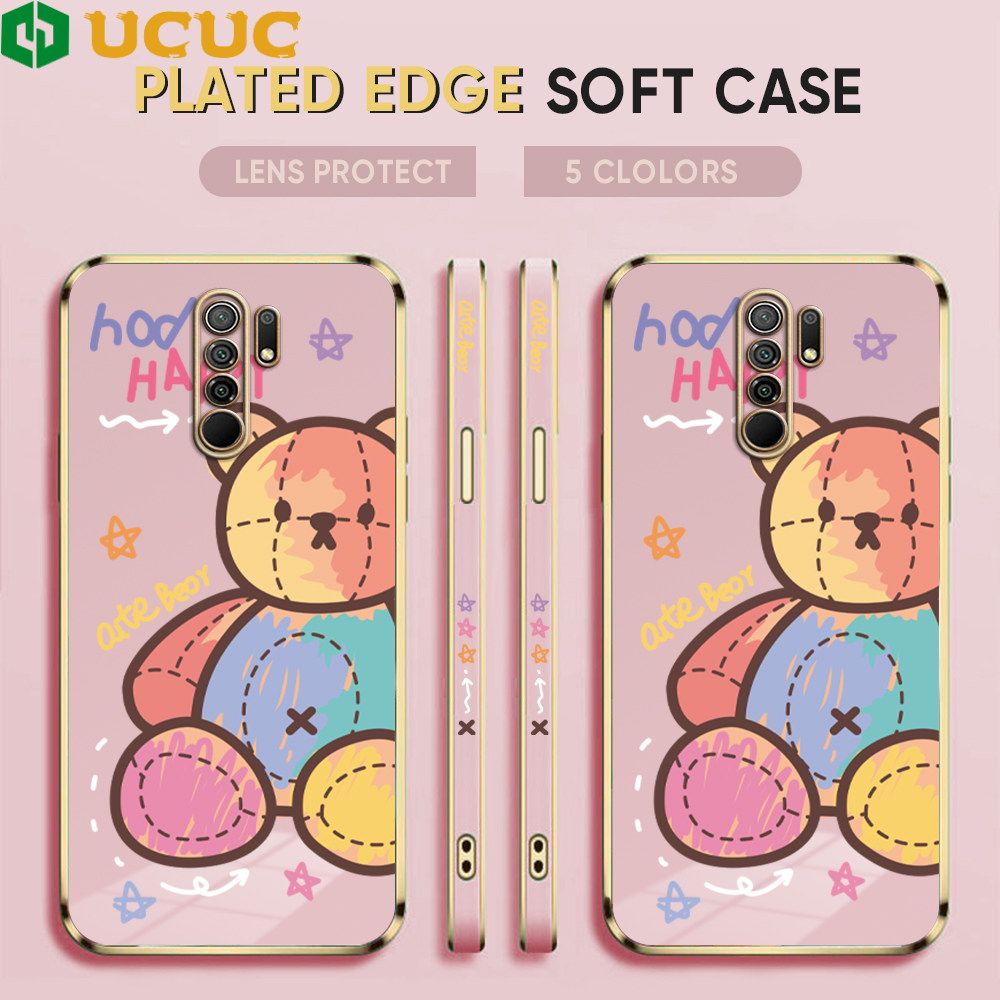 UCUC for Xiaomi Poco M2 / Redmi 9 Back Cover + Free Lanyard Colorful Muppet Bear Luxury 6D Plating Case Side Pattern Soft Silicone Square Phone Cases