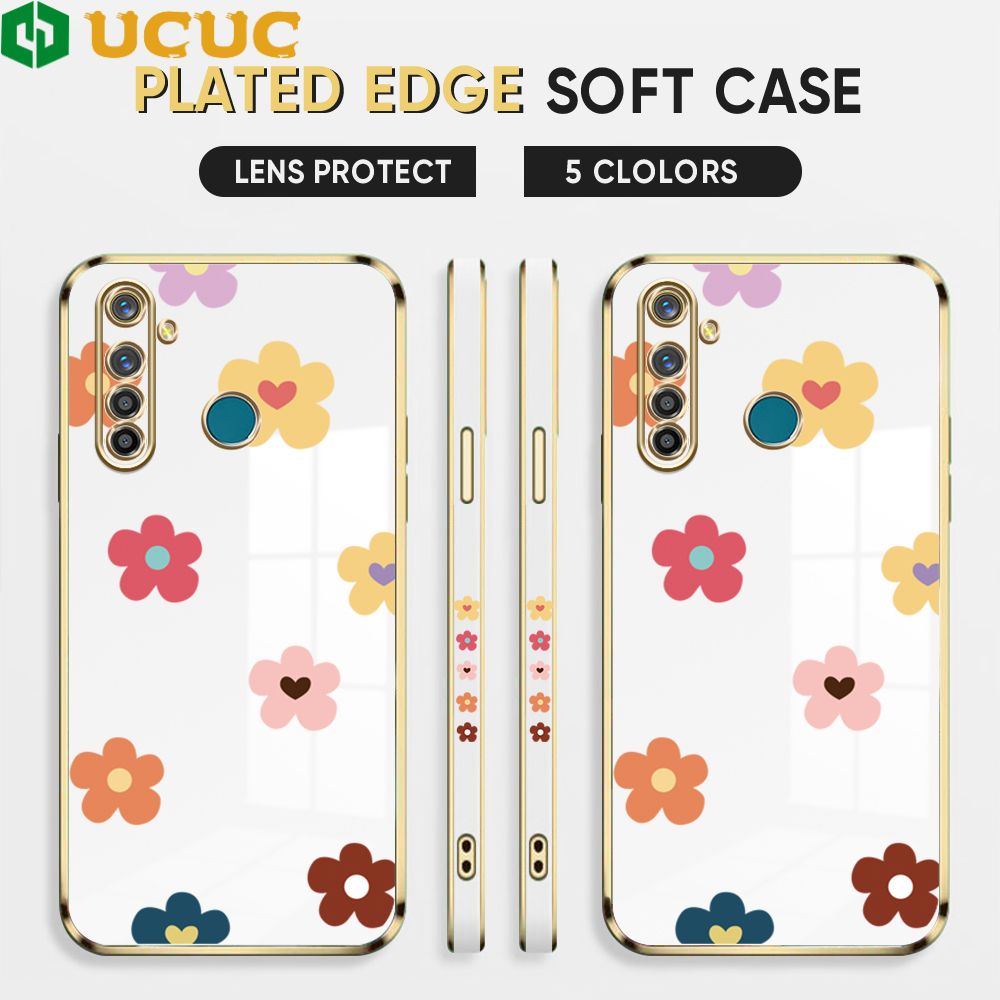 UCUC for Realme 5 Pro Back Cover + Free Lanyard INS Style Flower Luxury 6D Plating Case Side Pattern Soft Silicone Square Phone Cases