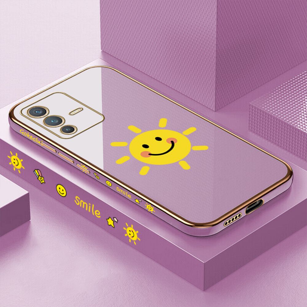 ZeroQiQi for Vivo V23 5G Back Cover Smiling Sun Luxury 6D Plating Case Side Pattern Soft Silicone Square Phone Cases + Free Lanyard