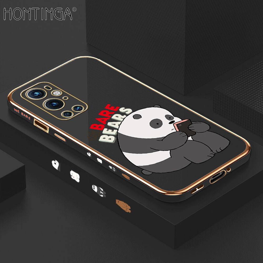 Hontinga for OnePlus 9 Pro Back Cover + Free Lanyard Luxury 6D Plating Cute Cartoon Panda Side Pattern Case Soft Silicone Square Mobile Cover
