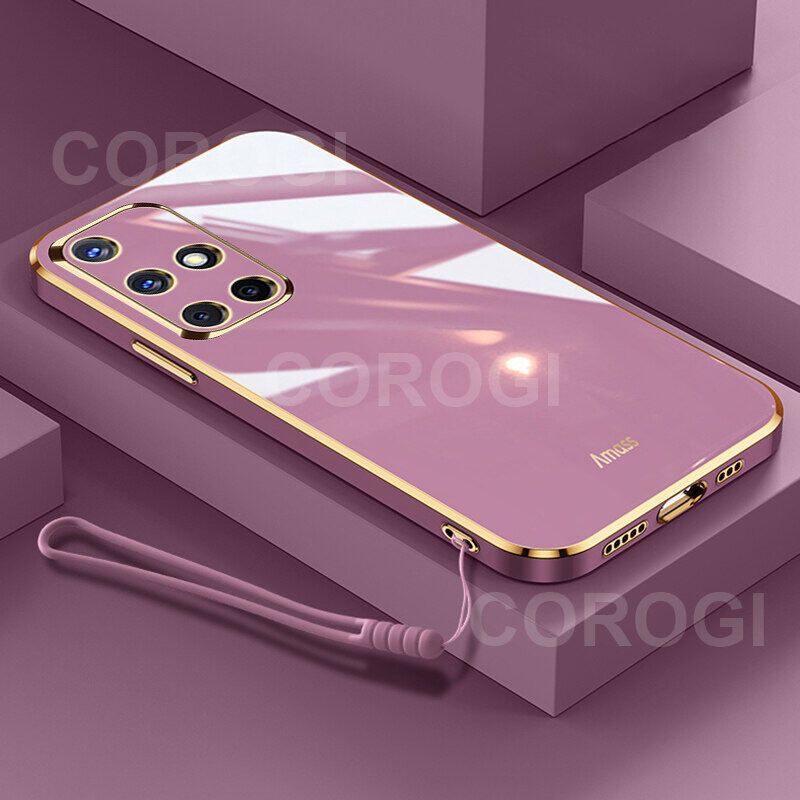 For Samsung Galaxy A71 Back Cover + Wrist Strap Luxury Shiny Plating Square Shockproof Bumper Camera Lens Protection Soft TPU Silicone Phone Case