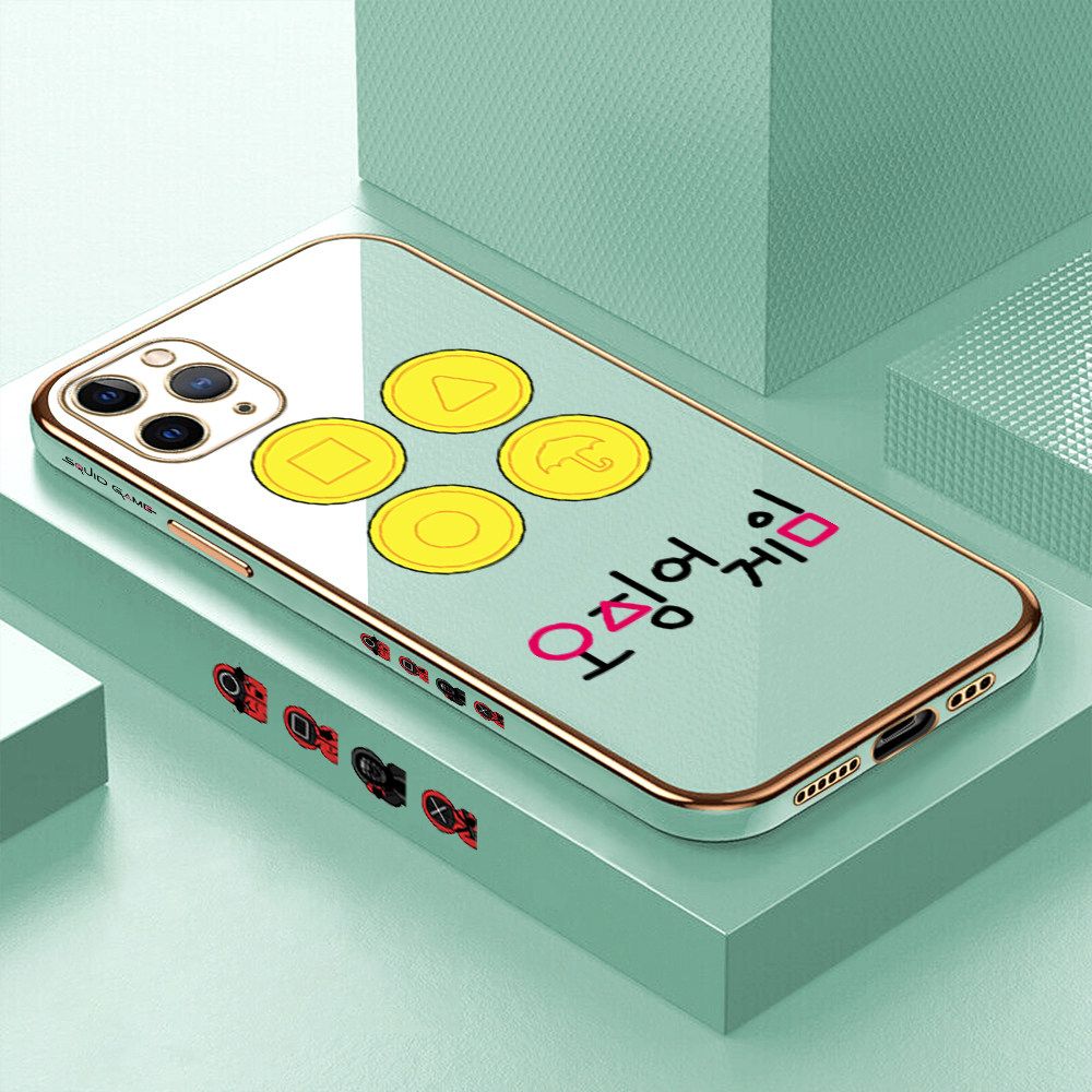 Luxury 6D Plating Soft Casing Silicone Square Frame Phone Case For iPhone 11 Pro Max Case Shiny Bling Back Cover Popular Game Patterns Square Edge Pattern Design Soft Case + Free Lanyard