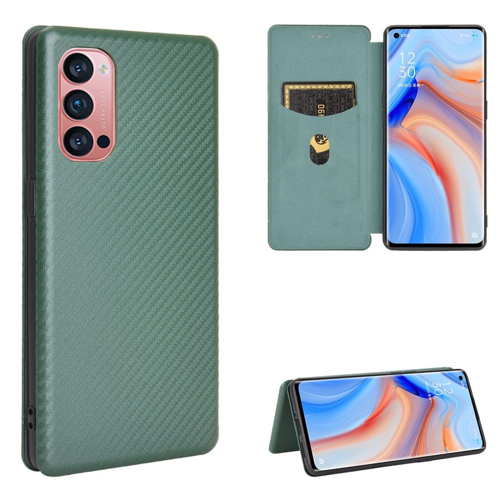 (Ready Stock)For OPPO Reno4 Pro 5G Carbon Fiber Texture Magnetic Horizontal Flip TPU + PC + PU Leather Case with Card Slot(Green)