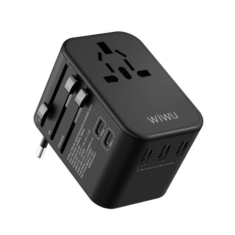 WIWU UA-301 Universal Travel Adapter with 4 USB Port + Type-C 5.6A Fast Charger - Black