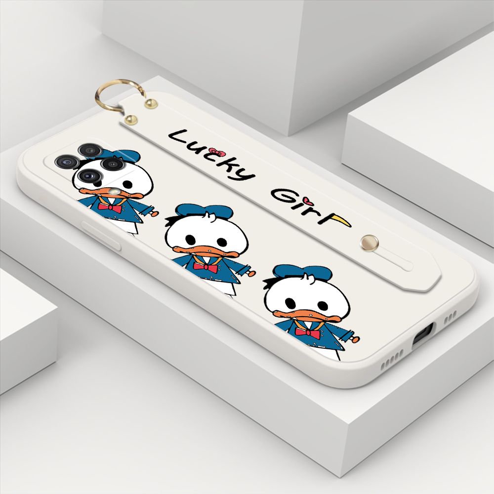 ZeroQiQi for Samsung Galaxy A22 Wrist Strap Case Cute Cartoon Little Duck Phone Case Square Edge Liquid Silicone Case Full Cover Camera Shockproof Protective Cases