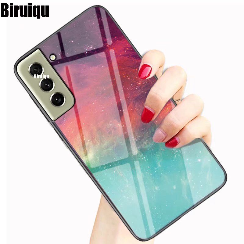 Biruiqu For Samsung Galaxy S21 FE Shockproof Starry Colorful Tempered Glass Back Soft Silicone Edge Case Cover