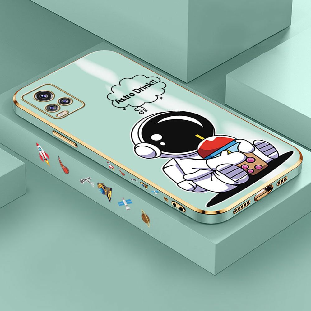 Jizetin (Free Lanyard) Vivo V20 Pro Case Cute Cartoon Drink Astronaut Luxury 6D Plating Soft Casing Silicone Ultra Thin Phone Cover