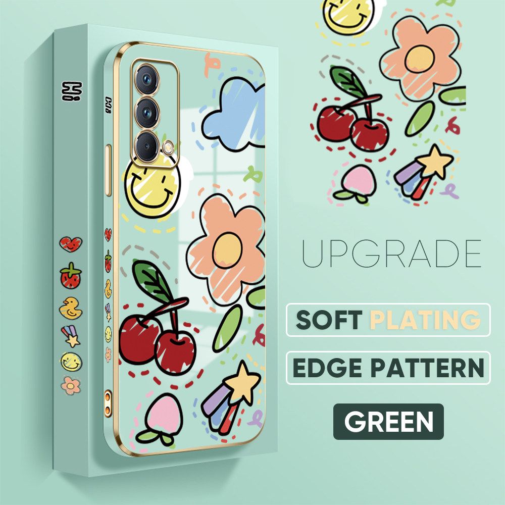 TA for Realme GT Master / Realme GT Master Edition Back Cover + Free Lanyard Colorful Fruit Painting Luxury 6D Plating Case Side Pattern Soft Silicone Square Phone Cases