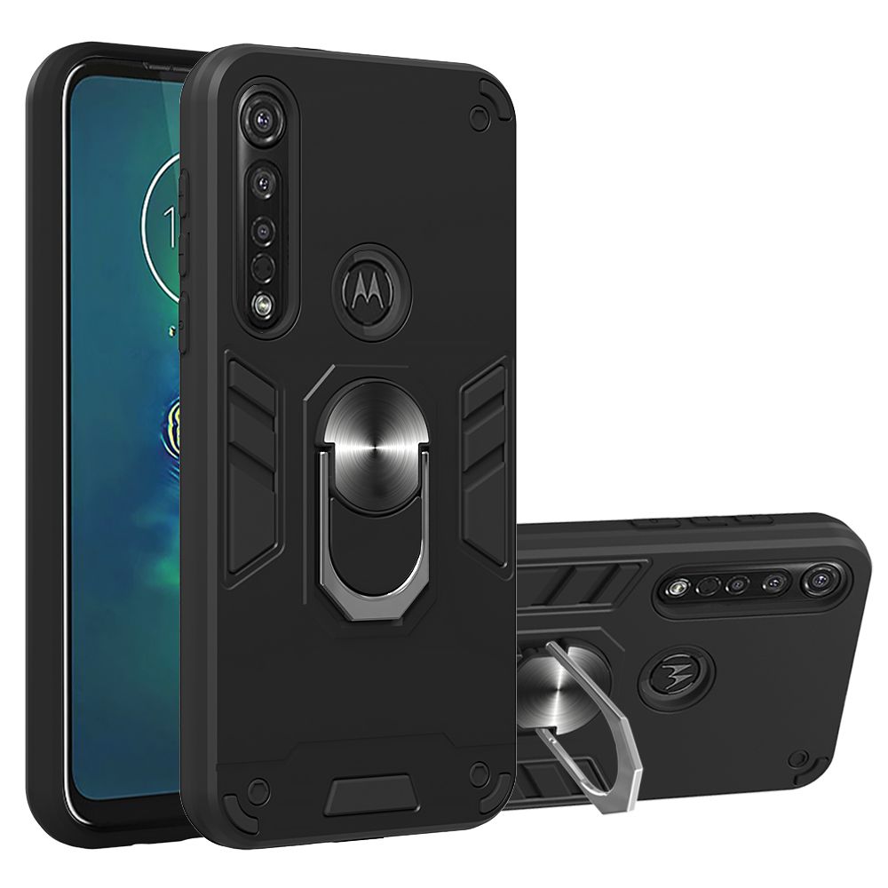 For Motorola Moto G8 Plus Double-layer Warframe Series with 360 Degree Rotating Ring Ruggedized Shock Protective Case