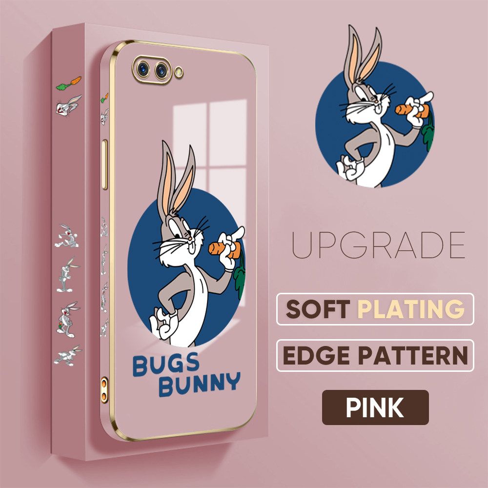 Jizetin (Free Lanyard) OPPO A12E / A3S / Realme C1 Back Cover Anime Rabbit Luxury 6D Plating Case Side Pattern Soft Silicone Square Mobile Phone Cases