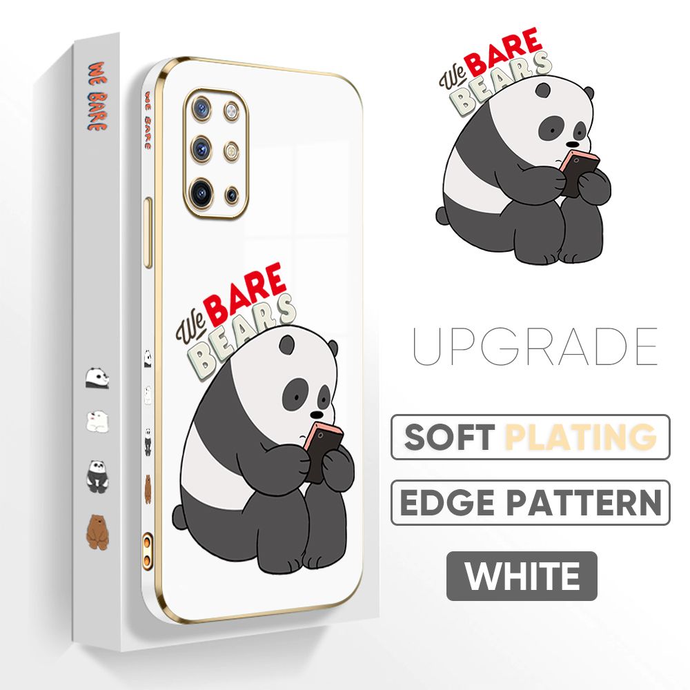 Jizetin (Free Lanyard) OnePlus 8T Cover Panda Reading Luxury 6D Plating Soft Casing Silicone Square Frame Phone Case Shiny Bling Back Cover