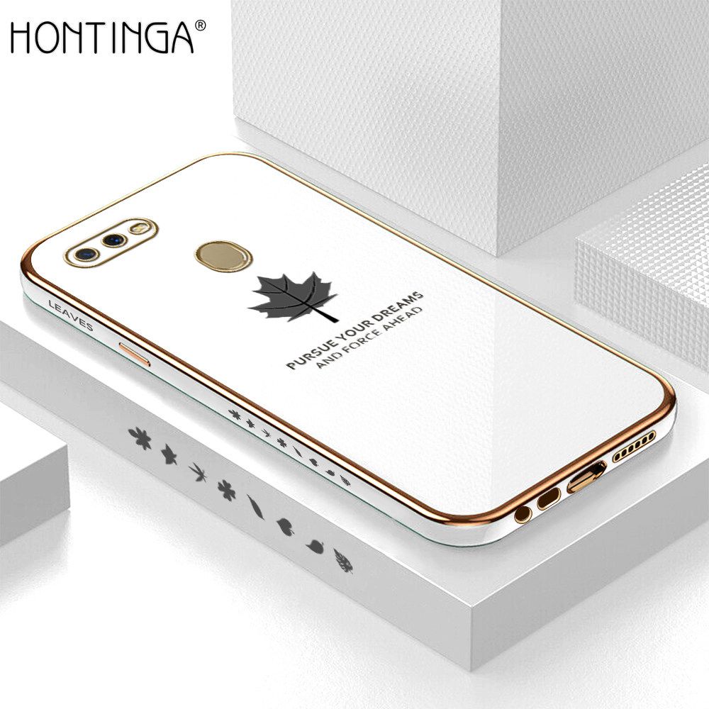 Hontinga for OPPO A5S A7 A12 A12S Back Cover + Free Lanyard Luxury 6D Plating Shiny Maple leaf Phone Case Soft Silicone Square Mobile Cover