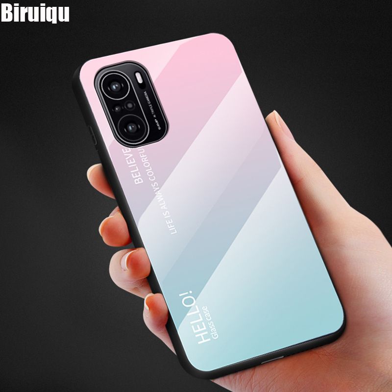 Biruiqu For Xiaomi Mi 11X Shockproof Gradient Tempered Glass Back Soft Silicone Edge Case Cover